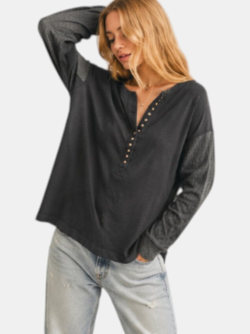 WE THE FREE BY FREE PEOPLE BACK AT IT OVERSIZED HENLEY TOP CHARCOAL NWOT SIZE L